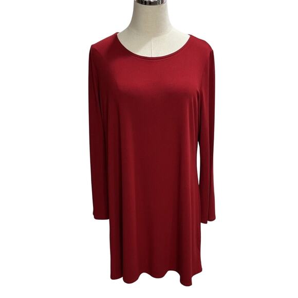 Eileen Fisher Dress sz Lg Red Viscose Spandex Round Neck‎ Long Sleeve Shift Slip